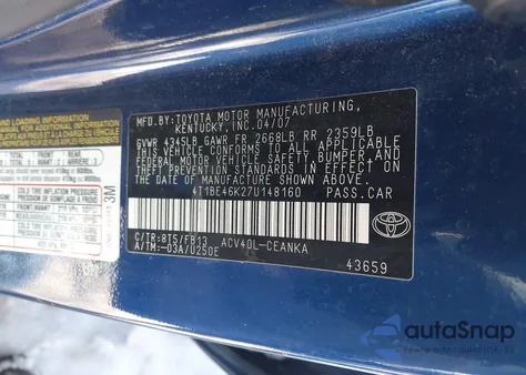 2007 Toyota Camry Le из США, поврежденный, VIN 4T1BE46K27U148160